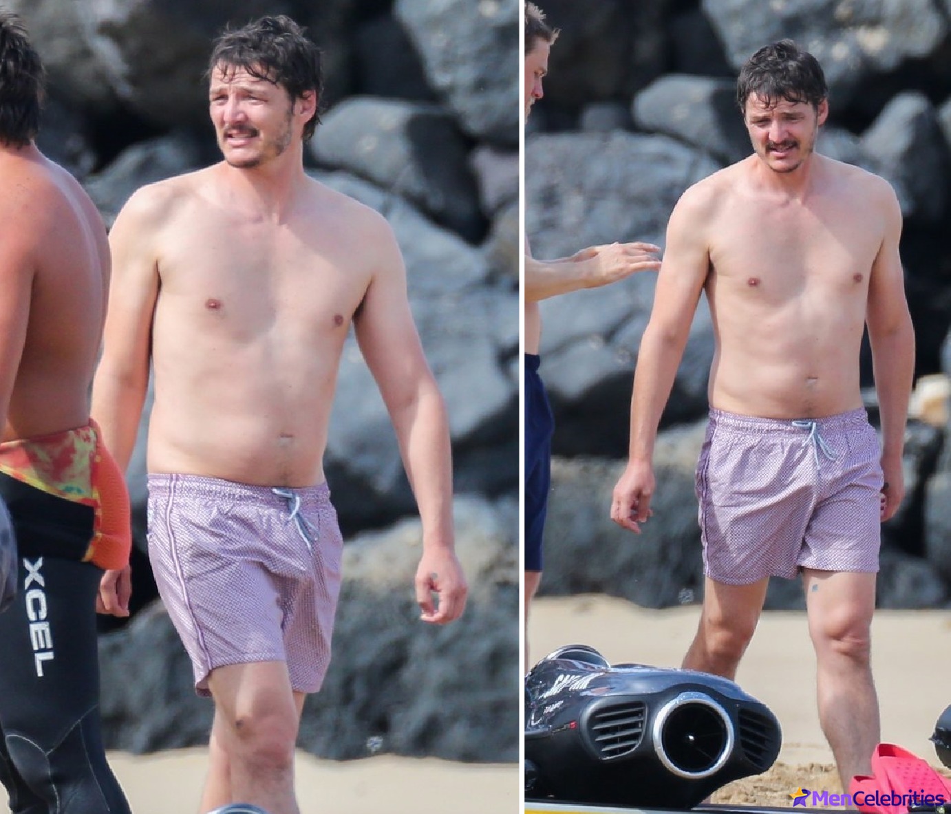 Pedro Pascal shirtless beach moments.