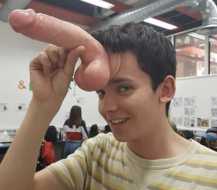 For example, here Asa Butterfield put a huge silicone penis with big balls ...