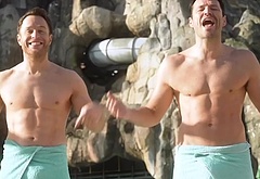 Olly Murs and Mark Wright at Universal Volcano Bay