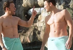 Olly Murs and Mark Wright at Universal Volcano Bay