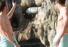 Olly Murs and Mark Wright at Universal Volcano Bay