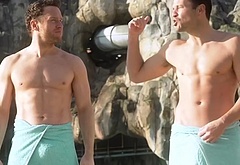Olly Murs and Mark Wright at Universal Volcano Bay