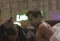 Glen Powell nude in The Running Man BTS