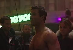 Glen Powell nude in The Running Man BTS