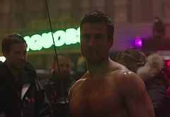 Glen Powell nude in The Running Man BTS