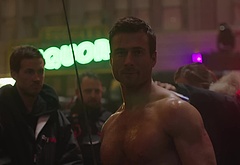 Glen Powell nude in The Running Man BTS