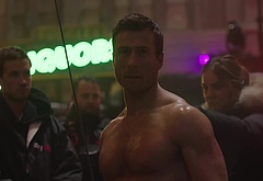 Glen Powell nude in The Running Man BTS